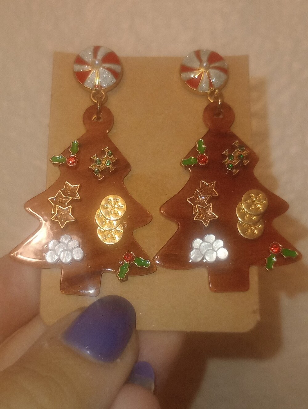 Holiday Brown Acrylic Decorated Christmas Tree Earrings